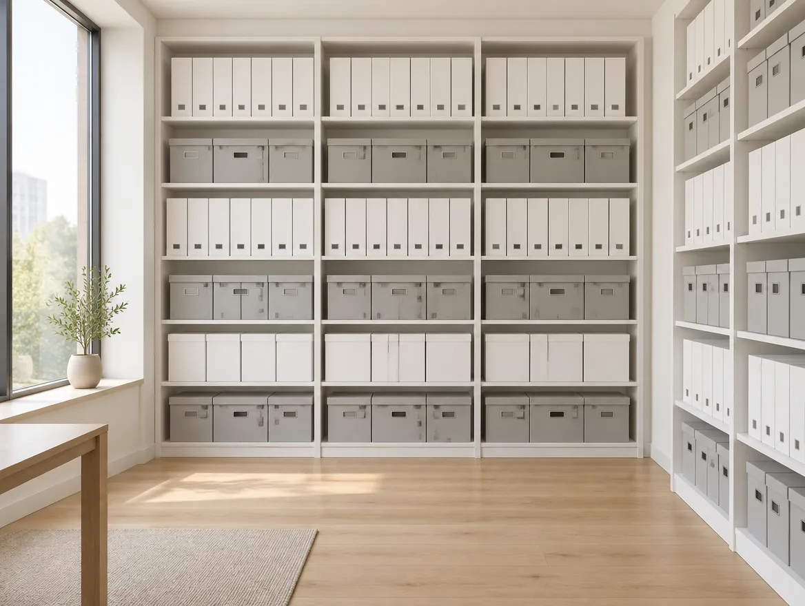Archivo de carpetas y cajas de documentos ordenadas en una estantería